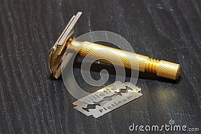 A vintage Gillette safety razor, with a new Gillette Platinum blade. Editorial Stock Photo