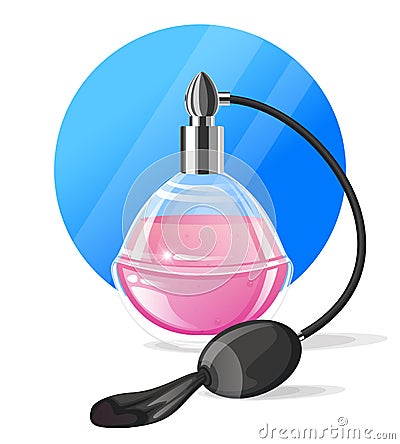 Vintage glass perfume bottle with black mesh spray atomizer Vector Illustration