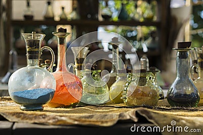 Vintage glass vials and bottles alchemy Stock Photo