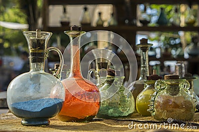 Vintage glass vials and bottles alchemy Stock Photo