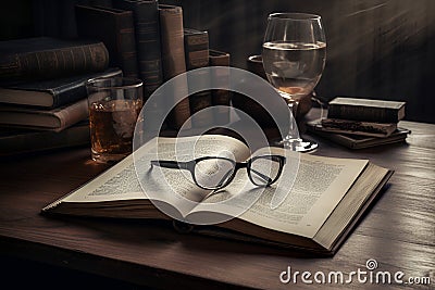 Vintage glasses lie on an open book, rustic background. Concept - learning, education, generative AI Stock Photo