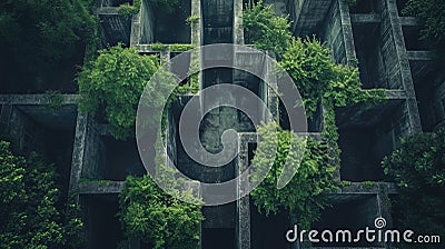 Vintage gloomy abandoned maze with old concrete walls, grungy surreal building, dark labyrinth with trees and plants. Concept of Stock Photo