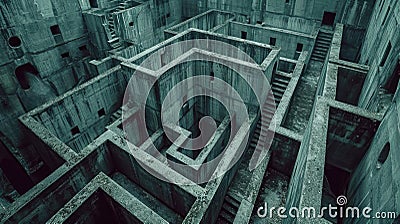 Vintage gloomy maze with old concrete walls, grey grungy surreal building, dark endless labyrinth. Concept of puzzle, problem, Cartoon Illustration