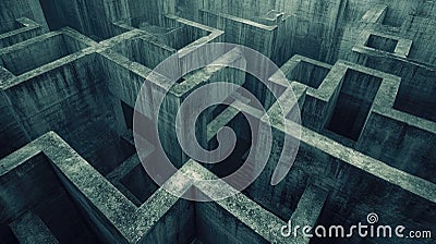 Vintage gloomy maze with old concrete walls, grungy dark endless labyrinth, grey surreal building. Concept of puzzle, problem, Cartoon Illustration