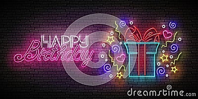 Vintage Glow Greeting Card with Gift, Confetti and Happy Birthday Inscription Vector Illustration