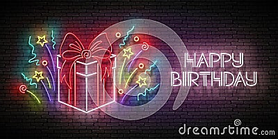 Vintage Glow Greeting Card with Gift, Confetti and Happy Birthday Inscription Vector Illustration