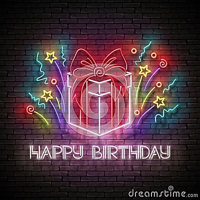 Vintage Glow Greeting Card with Gift, Confetti and Happy Birthday Inscription Vector Illustration