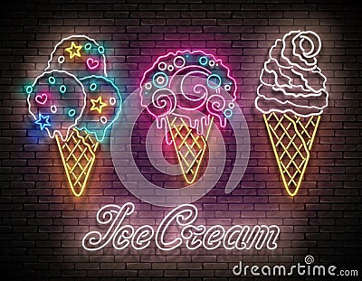 Vintage Glow Poster with Different Ice Cream in Waffle Cones and Inscription Vector Illustration