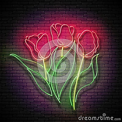 Vintage Glow Signboard with Bouquet of Tulips Vector Illustration