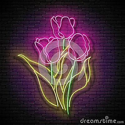 Vintage Glow Signboard with Bouquet of Tulips Vector Illustration