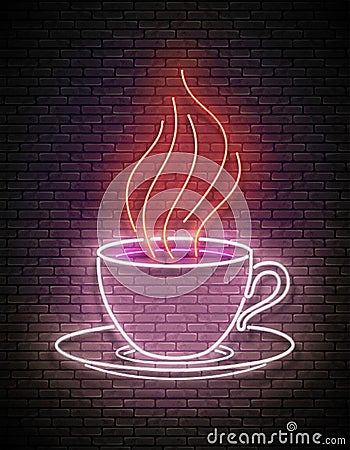 Vintage Glow Signboard with a Cup of Coffee with Steam Vector Illustration
