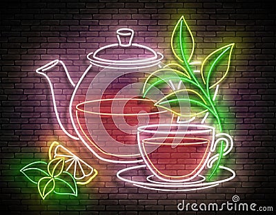 Vintage Glow Signboard with Glass Tea Pot, Cup and Branch of Plant Vector Illustration