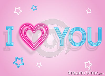 Vintage Glow Signboard with I Love You Inscription. Valentine`s Day Greeting Card Template. Shiny Neon Light Style Vector Illustration