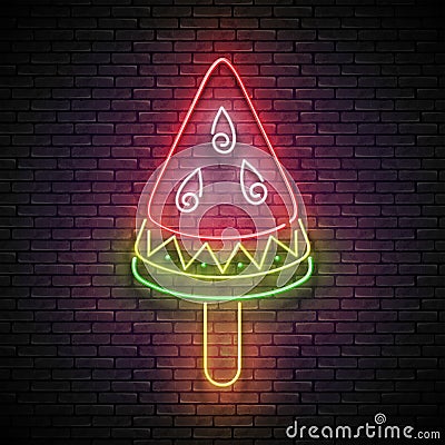 Vintage Glow Signboard with Ice Cream, Watermelon Piece Vector Illustration