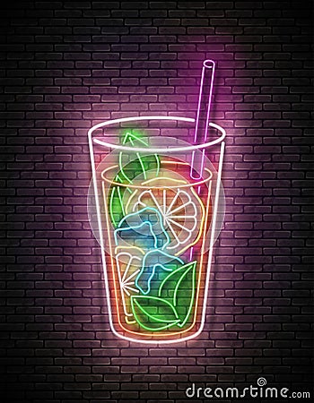 Vintage Glow Signboard with Ice Tea in Tall Glass, Lemon and Mint Vector Illustration