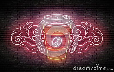 Vintage Glow Signboard with a Paper Cup of Coffee with Ornament Vector Illustration