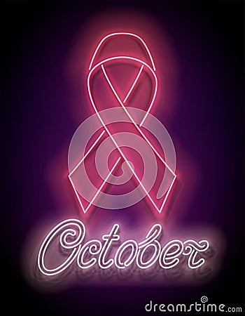 Vintage Glow Signboard with Pink Ribbon and Inscription. Breast Cancer Awareness Month Vector Illustration