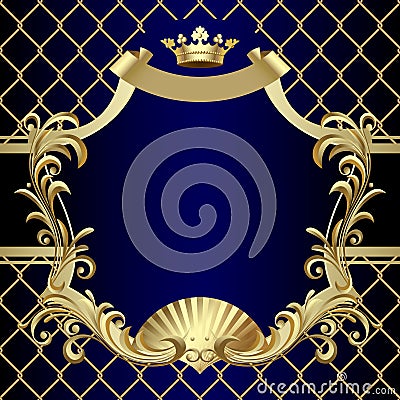 Vintage gold banner with a crown on dark blue baroque background Vector Illustration