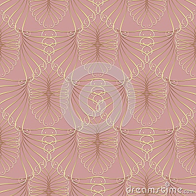 Vintage gold calligraphic 3d seamless pattern. Vector pink background wallpaper. Elegance swirl lines, abstract lace flowers. Lin Vector Illustration