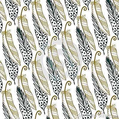 Vintage gold feathers seamless background. Hand drawn illustration. Vintage bohemian tribal feathers background. Vector Illustration