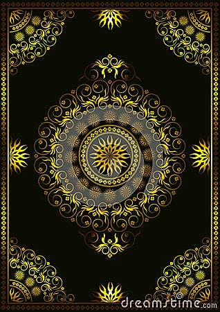 Gold frame with borders and corners of patterns calligraphic swirling lines with flowers, twigs and leaves and oval ornament in th Stock Photo