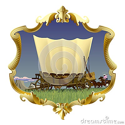 Vintage gold frame with Wild West covered wagon in american prairie Vector Illustration