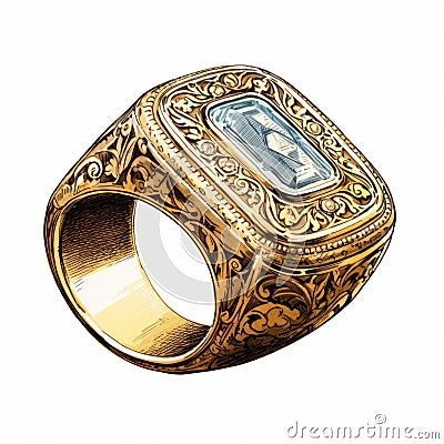 Vintage Gold Inlay Ring With Blue Topaz - Old West Style Cartoon Illustration