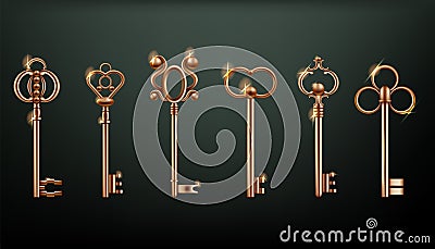 Vintage gold keys. Realistic isolated elements. House door opener, home room latchkeys with creative luxury metal, retro Vector Illustration