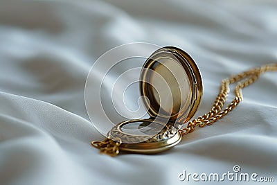 A vintage gold locket with an intricate design, open to reveal a cherished photo, lies delicately on soft white satin Stock Photo