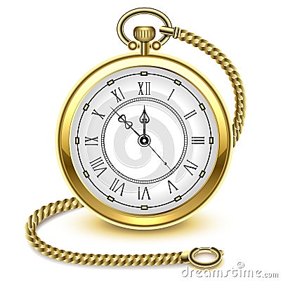 Vintage gold pocket watch and chain, isolated on white background, vector illustration. Vector Illustration