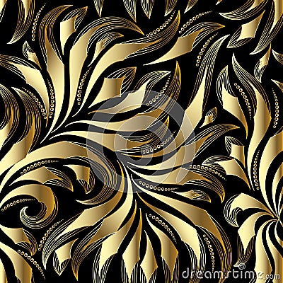 Vintage gold seamless pattern. Vector floral background with doodle striped hand drawn damask flowers, dots, swirl curve laves, l Vector Illustration