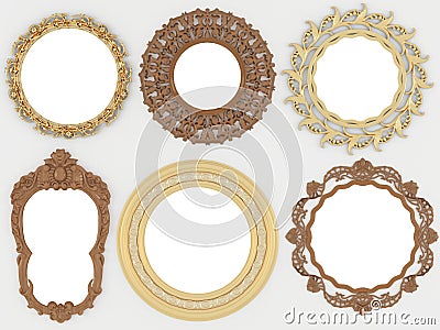 Vintage gold and wooden empty round picture frames Cartoon Illustration