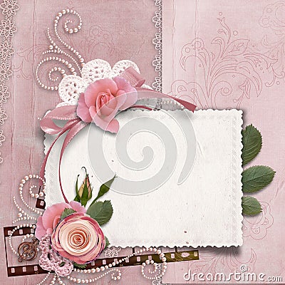 Vintage gorgeous background with card, roses, pearls Stock Photo