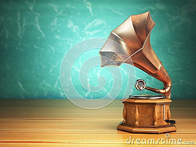 Vintage gramophone on green background. Cartoon Illustration