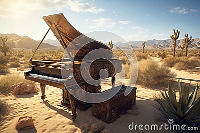 Vintage grand piano at sunset in desert. Generative AI Stock Photo