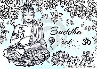 Vintage graphic Buddha set with buddhist sacred elements. Religious concept. High quality vector art isolated. Tattoo art, yoga. Vector Illustration