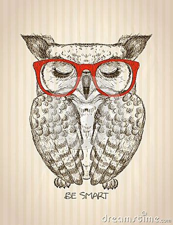 Vintage graphic poster with hipster owl dressed in red glasses Vector Illustration