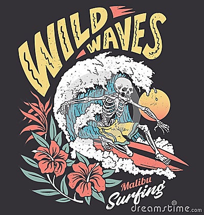 Vintage graphic of a surfing skeleton with hibiscus flowers Vector Illustration