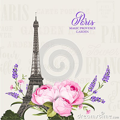 Vintage gray card with spring flowers over Eiffel tower. Vector Illustration