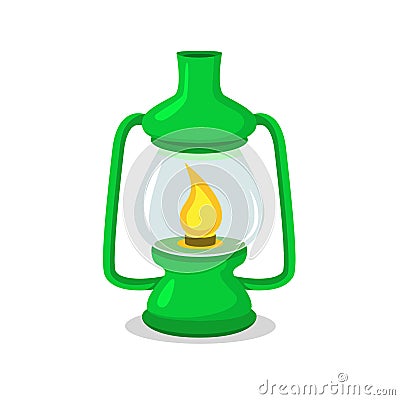 Vintage green camping lantern on white in flat and cartoon style Vector Illustration