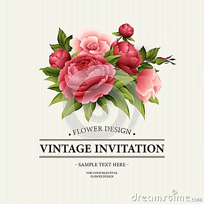 Vintage Greeting Card with Blooming peony and rose Flowers. Vector Illustration Vector Illustration