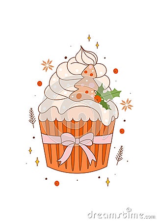 Vintage greeting card with Christmas sweet cupcake or muffin with cream and decoration. Vector Illustration