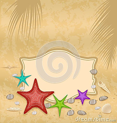 Vintage greeting card with shells and starfishes a Vector Illustration