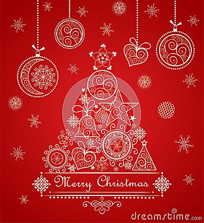 Vintage greeting christmas red card with decorative lacy tree and hanging baubles Vector Illustration