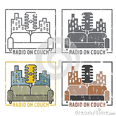 Vintage grunge labels of radio microphone and couch Vector Illustration