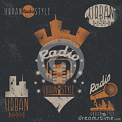 Vintage grunge labels of urban radio microphone and headpho Vector Illustration