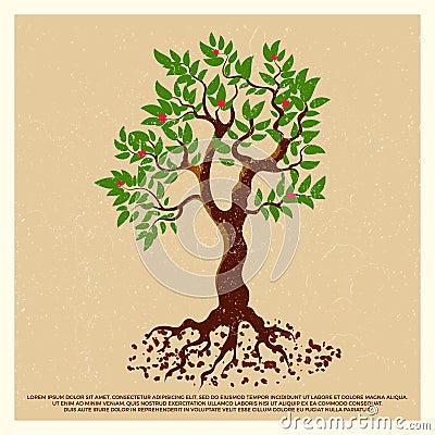 Vintage grunge poster with blossom fruit tree Vector Illustration