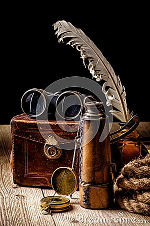 Vintage grunge still life. Antique items on wooden table Stock Photo