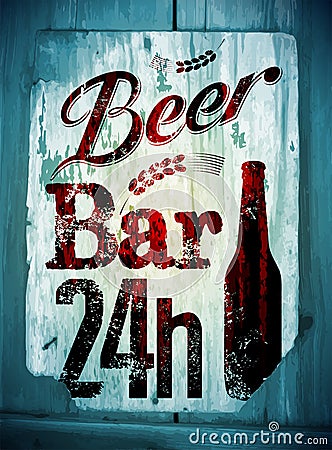 Vintage grunge style beer bar poster. Retro typographical vector illustration on wood background. Eps 10. Vector Illustration