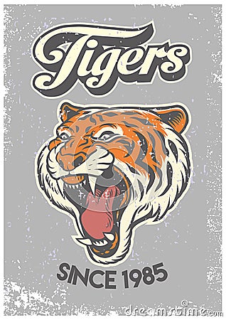 Vintage grunge style of college poster of tiger head Vector Illustration